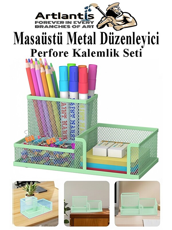 Artlantis Masaüstü Metal Kalemlik Seti 3 lü Kombo 1 Paket Fileli Perfore Pastel Renkli Kalemlik Kağıtlık Küpno