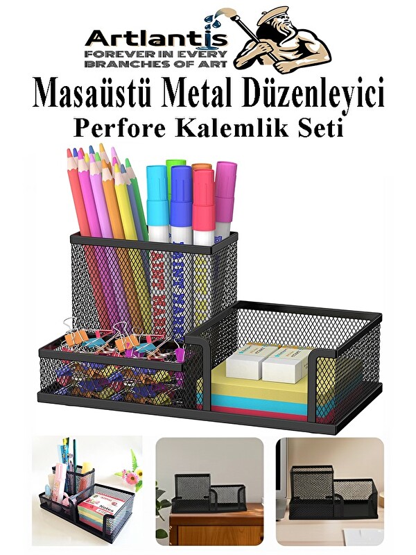 Artlantis Masaüstü Metal Kalemlik Seti 3 lü Kombo 1 Paket Fileli Perfore Pastel Renkli Kalemlik Kağıtlık Küpno