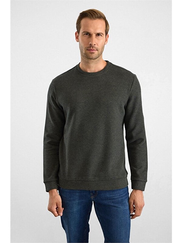 Süvari Haki Regular Düz Bisiklet Yaka Sweatshirt