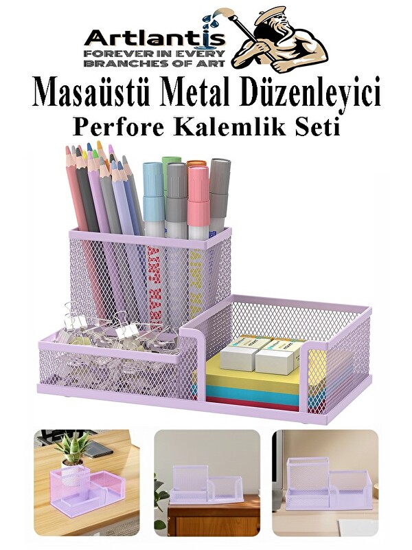 Artlantis Masaüstü Metal Kalemlik Seti 3 lü Kombo 1 Paket Fileli Perfore Pastel Renkli Kalemlik Kağıtlık Küpno