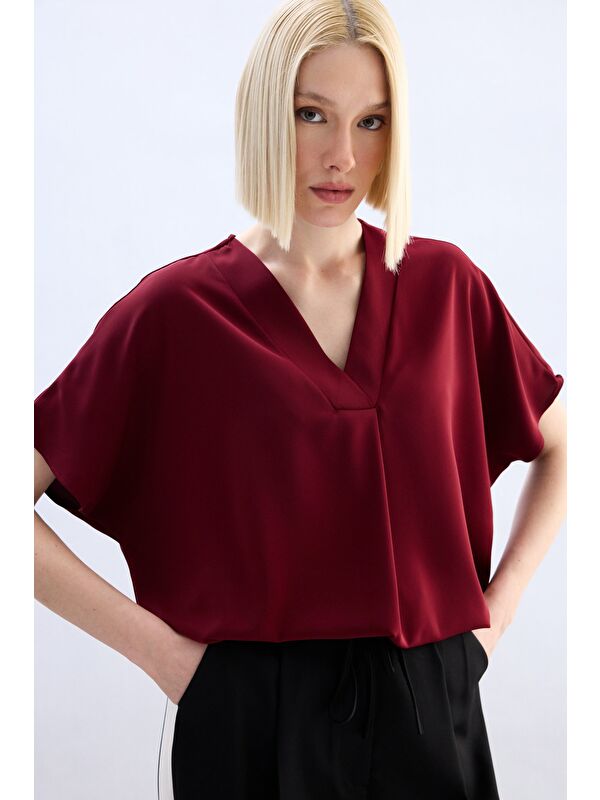 SATEEN Geniş Kısa Kollu Bluz - Bordo