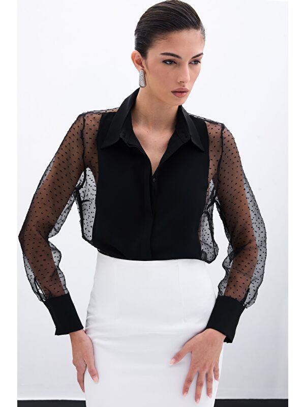 SATEEN Organze Detaylı Gömlek - Siyah