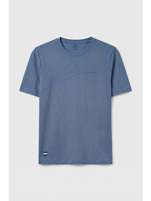 Tommylife Koyu Mavi Rahat Form Yüzeyi Dokulu Ön Dikiş Detaylı Erkek T-Shirt - 88437