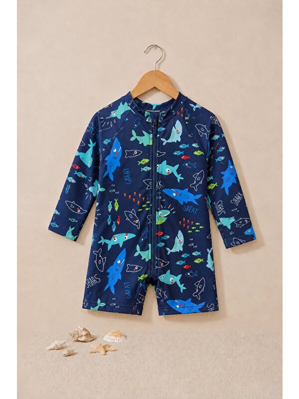 ZUZUNGA Erkek Bebek Shark Splash Uzun Kollu Fermuarlı Tulum Mayo