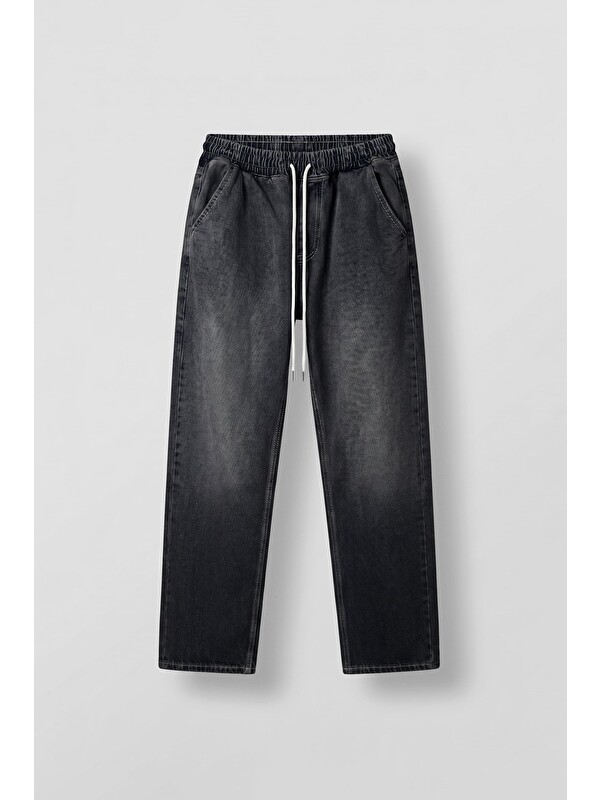 Abluka Online Erkek Relaxed Fit Beli Lastikli Jean Pantolon Siyah