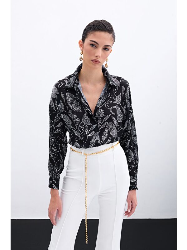 SATEEN Desenli Saten Gömlek - Siyah