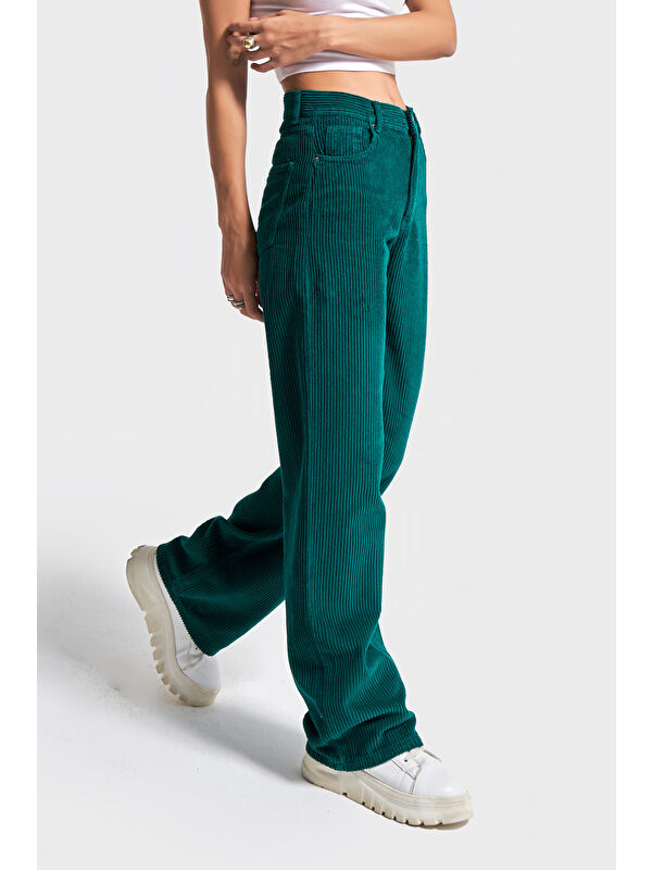 It's Basic Kadın Petrol Yeşili Doris 29w5-118 Straight Fit Yüksek Bel Kalın Fitilli Velvet Kadife Kumaş Pantolo