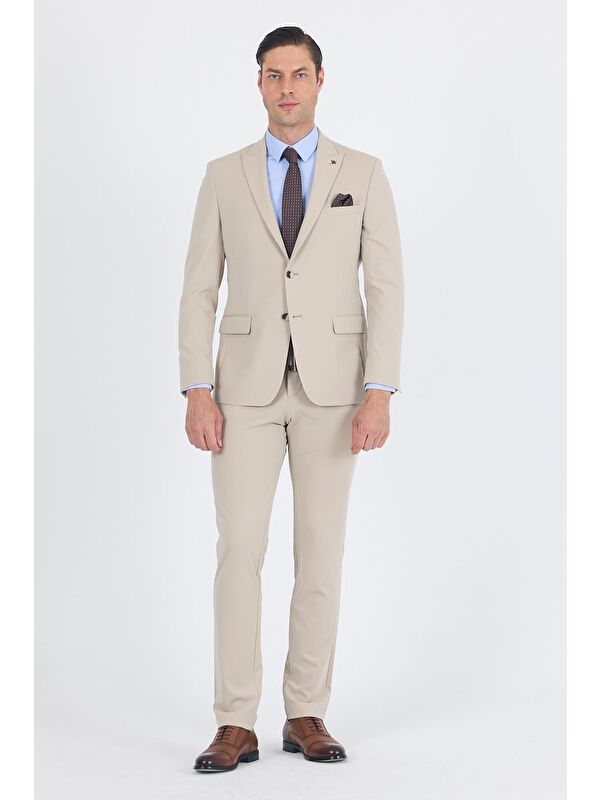 İMZA Bej Kırlangıç Yaka Kelebek Astar 6 Drop Slim Fit Beli Lastikli Takım Elbise 1001250176