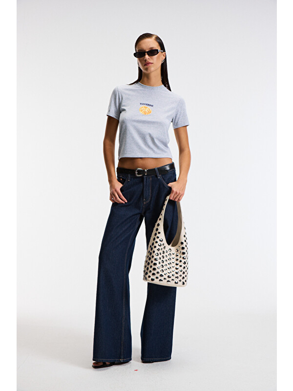 ETHIQUET ELVERA Kadın %100 Pamuk Comfort Fit Baskılı Kısa Kollu Yuvarlak Yaka GRİ MELANJ T-Shirt