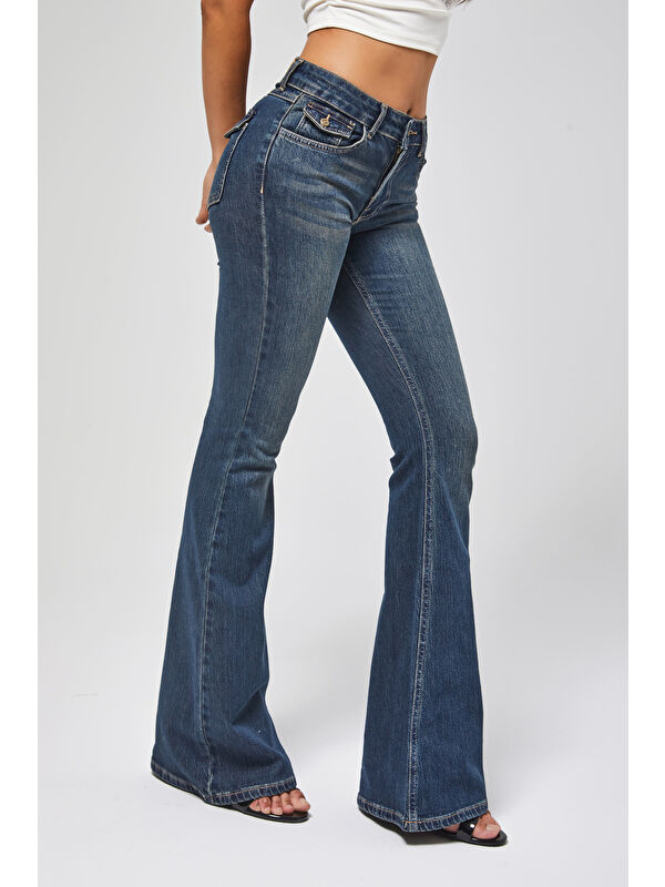 It's Basic Kadın Jean Rengi 2w5-8 Mide Rise Flare Fit Süper Esnek Kumaş İç Boy 83cm Denim Jean