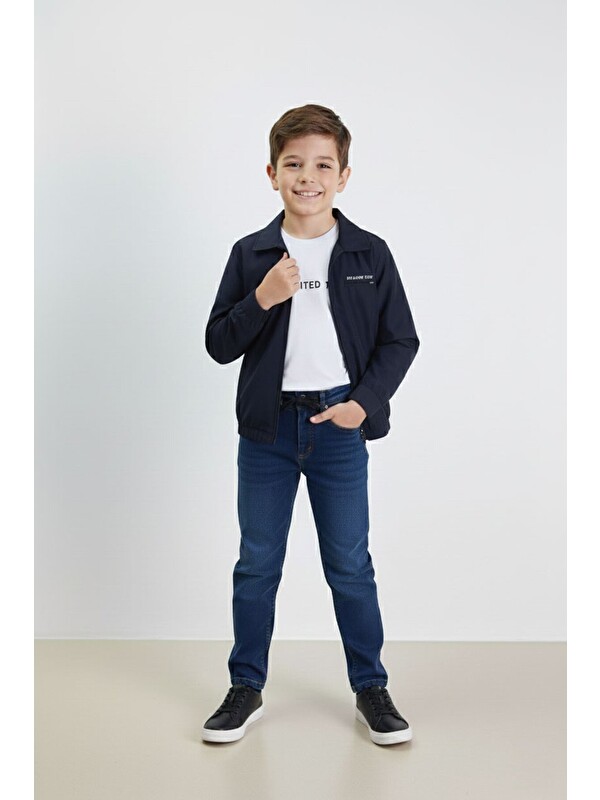 Cansın Mini Lacivert Yazılı Ceketli Jean Pantolonlu Erkek Çocuk 3lü Takım 23374
