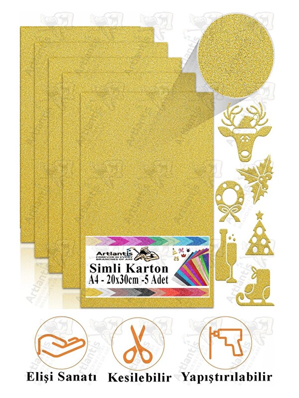 Artlantis Simli Karton A4 20x30 cm 5 li 1 Paket Simli Fon Kartonu Parıltılı Kağıt Anasınıfı Kreş Etkinlik Proj