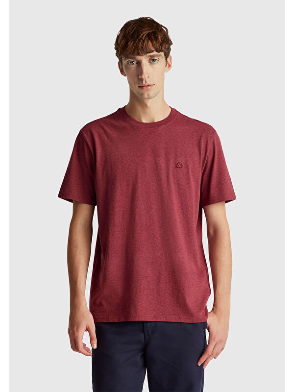 United Colors Of Benetton Erkek Bordo %100 Pamuk Logo İşlemeli Bisiklet Yaka Tişört