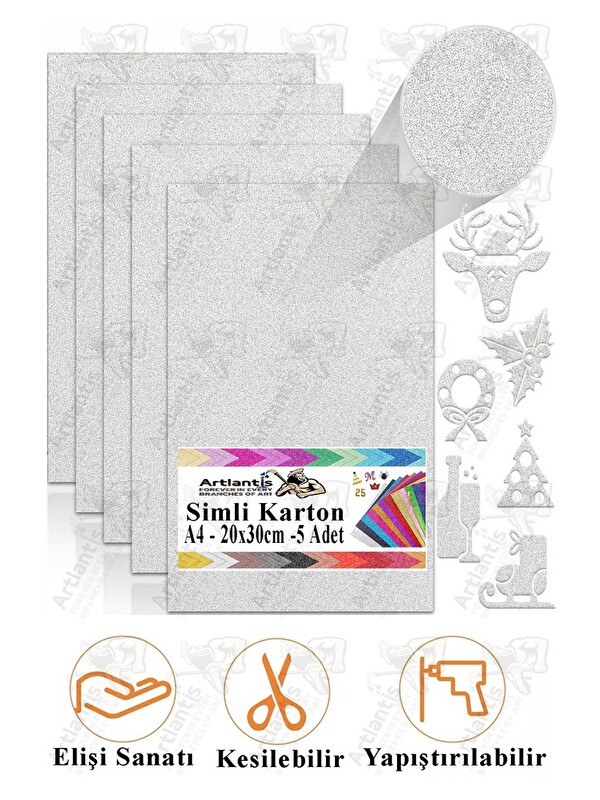 Artlantis Simli Karton A4 20x30 cm 5 li 1 Paket Simli Fon Kartonu Parıltılı Kağıt Anasınıfı Kreş Etkinlik Proj
