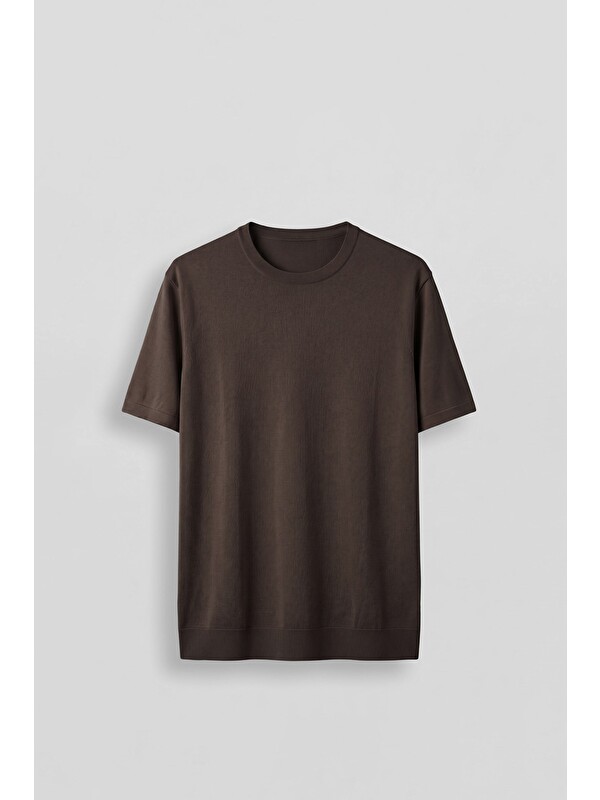 Abluka Online Erkek Slim Fit Triko Bisiklet Yaka Basic T-Shirt Kahverengi