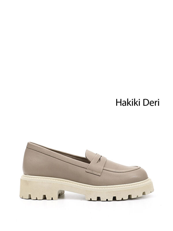 Gonderi(r) Bej Gonderi(r) Kalin Kadın BEJ-VİZON Topuklu Hakiki Deri Loafer Ayakkabı
