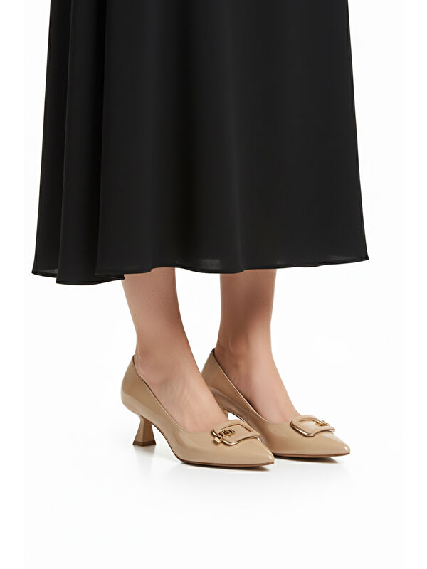 Bej Kırışık İnce Kısa Topuklu Kadın Abiye Ayakkabı 357189 Z - Görsel 2