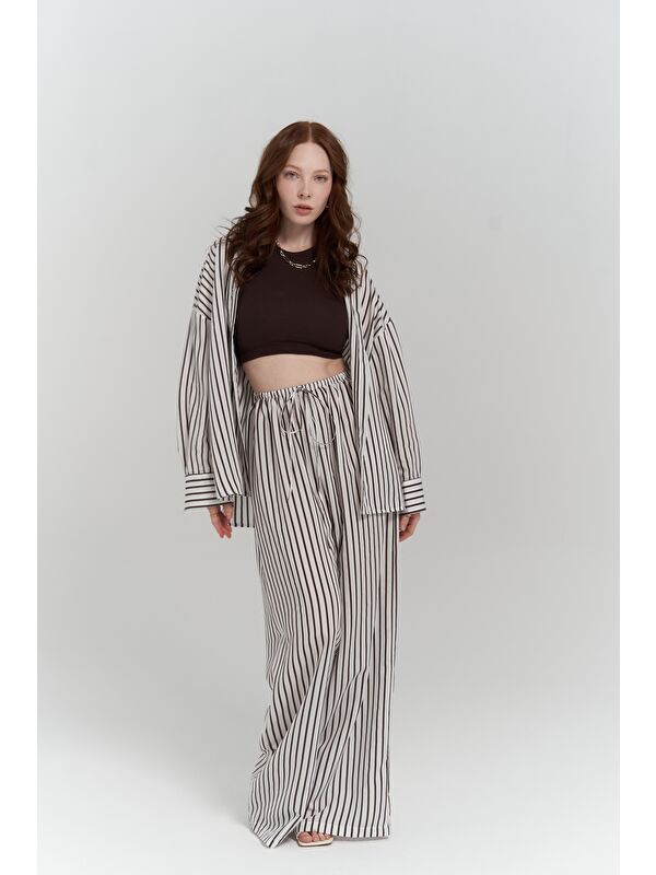 Mai Collection Beatrix Kahve Çizgili Ekru Gömlek Pantolon Takım