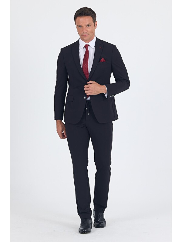 İMZA Siyah Kırlangıç Yaka Kelebek Astar 6 Drop Slim Fit Beli Lastikli Takım Elbise 1001250176