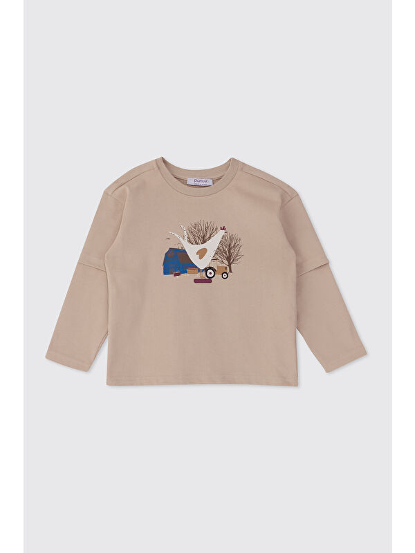 Panço Erkek Bebek Uzun Kollu Baskılı Bej Tişört