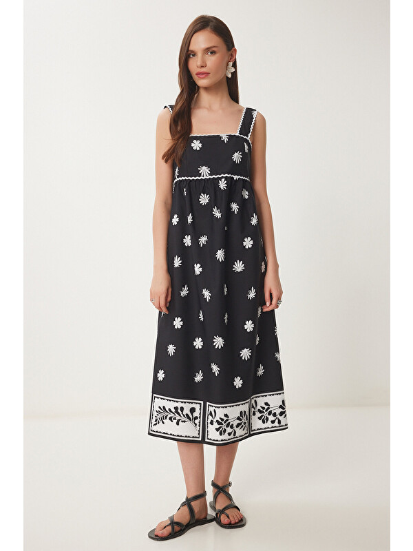 Happiness İstanbul Çiçekli Midi Poplin Elbise SİYAH BEYAZ LNS0049
