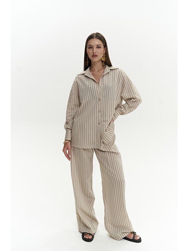 Mai Collection Berlin Çizgili Bej Gömlek Pantolon Takım