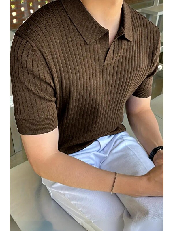 Oksit Lorens Çizgili Elastanlı Slim Fit Polo Yaka Örme Erkek Triko Tişört