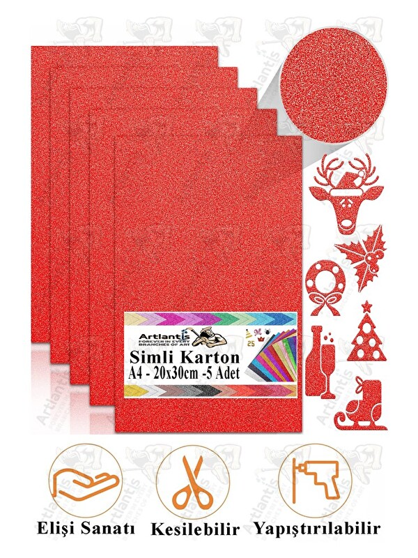 Artlantis Simli Karton A4 20x30 cm 5 li 1 Paket Simli Fon Kartonu Parıltılı Kağıt Anasınıfı Kreş Etkinlik Proj