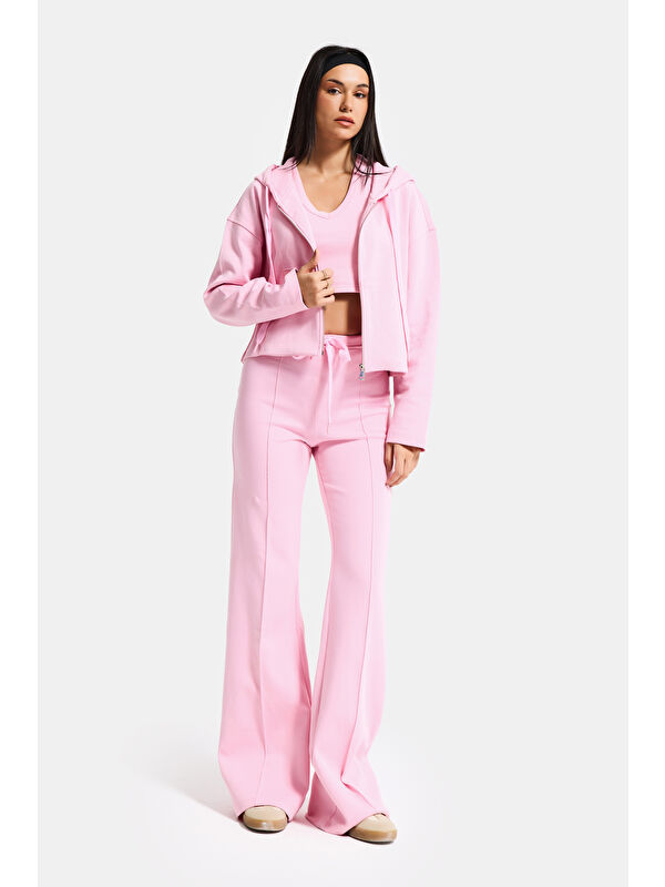 It's Basic Kadın Pembe s6-98 Örme Kumaş Flare Eşofman Büstiyer ve Fermuarlı Sweatshirt 3'lü Kombin Takım