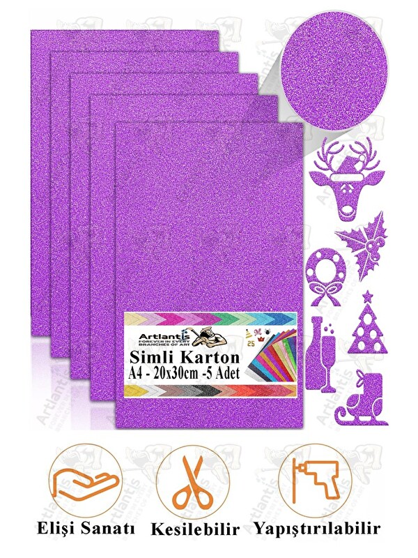 Artlantis Simli Karton A4 20x30 cm 5 li 1 Paket Simli Fon Kartonu Parıltılı Kağıt Anasınıfı Kreş Etkinlik Proj
