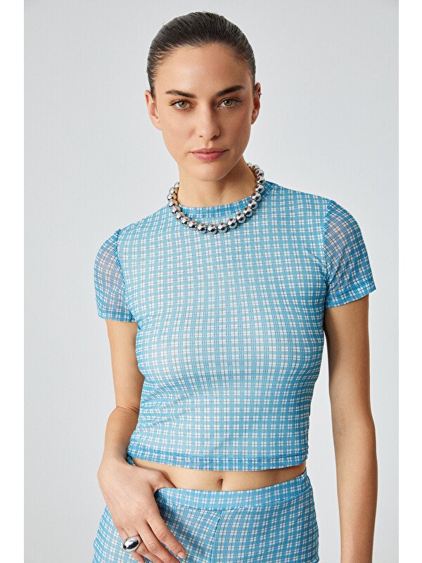 ETHIQUET GRESNA Kadın Slim Çizgili Bisiklet Yaka Kısa Kol Tül MAVİ T-Shirt