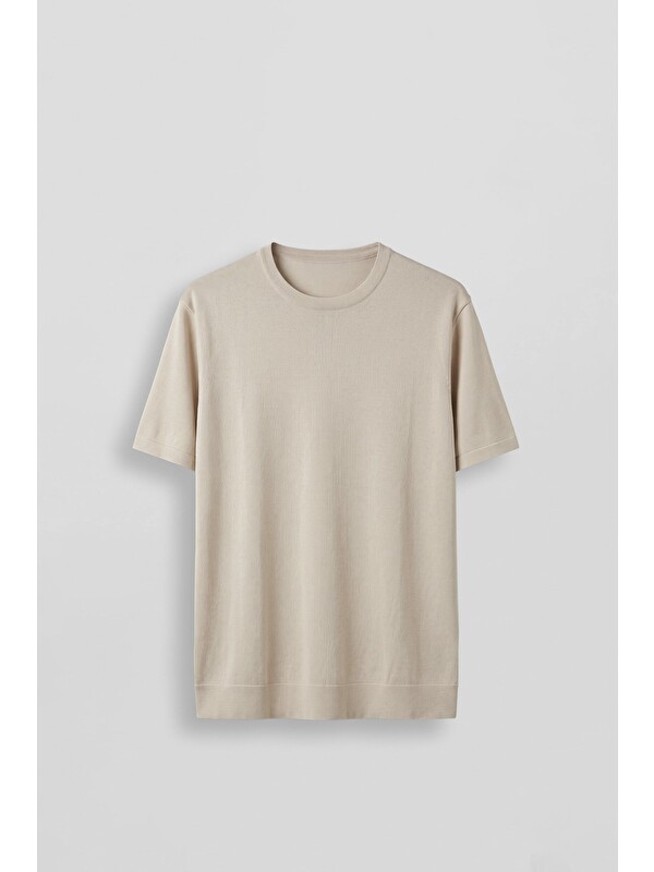 Abluka Online Erkek Slim Fit Triko Bisiklet Yaka Basic T-Shirt Bej
