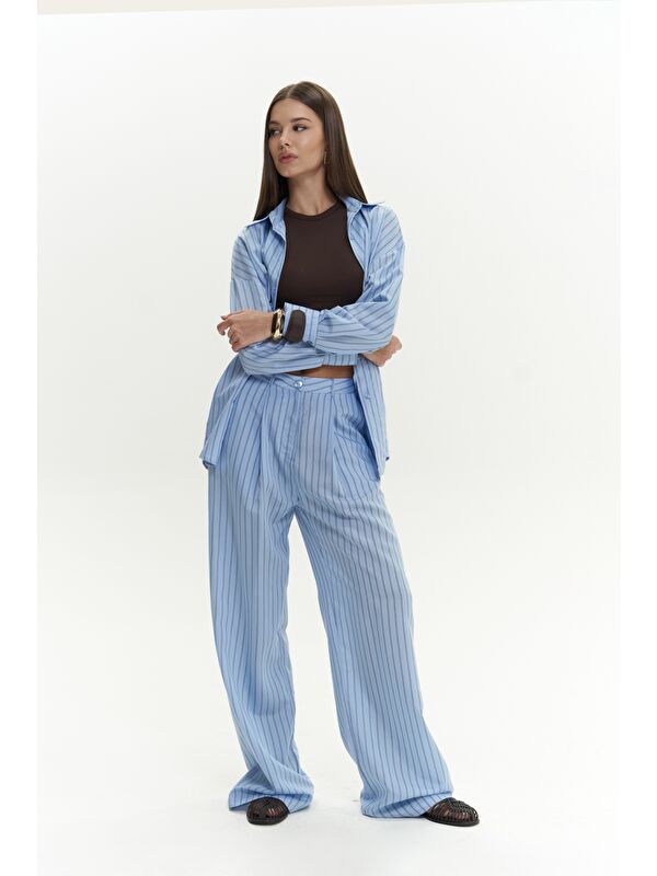 Mai Collection Berlin Çizgili Mavi Gömlek Pantolon Takım