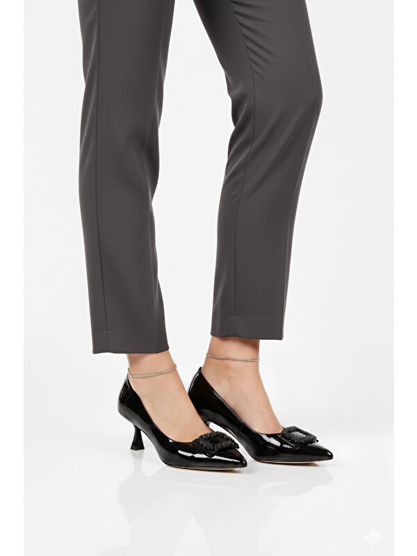 Siyah Kırışık İnce Kısa Topuklu Kadın Abiye Ayakkabı 357172 Z - Görsel 2