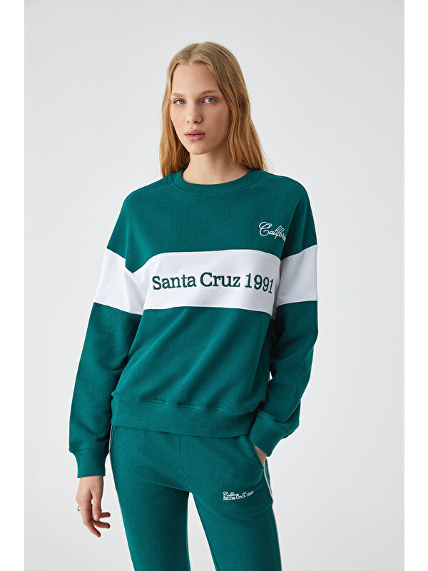 ETHIQUET NINOSKA Kadın Oversize Bisiklet Yaka YEŞİL-BEYAZ Sweatshirt