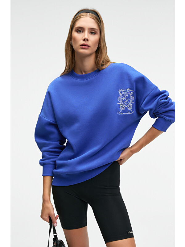 GRIMELANGE AUDRA Kadın Oversize Yuvarlak Yaka Nakış Detaylı MAVİ Sweatshirt