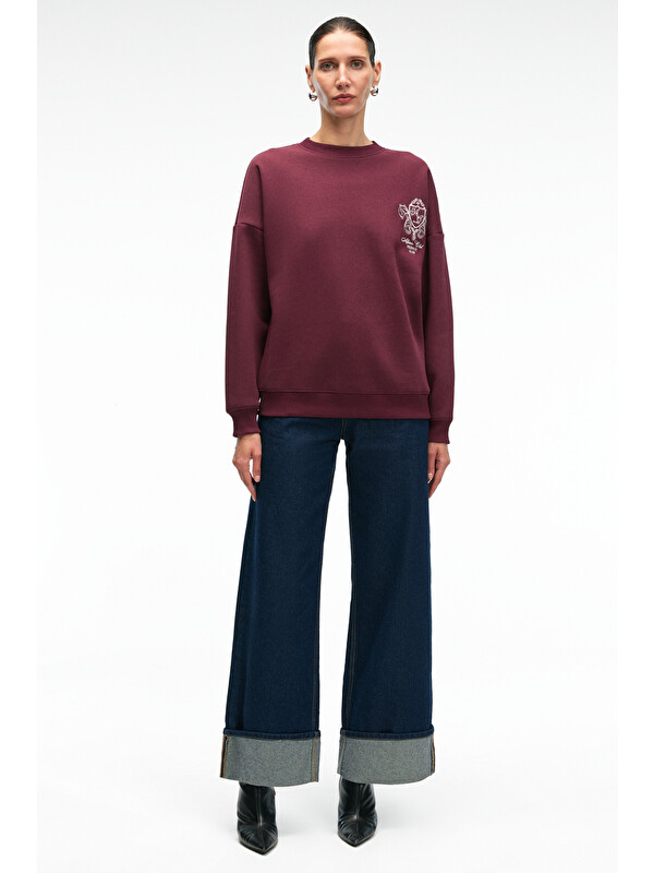 GRIMELANGE AUDRA Kadın Oversize Yuvarlak Yaka Nakış Detaylı BORDO Sweatshirt