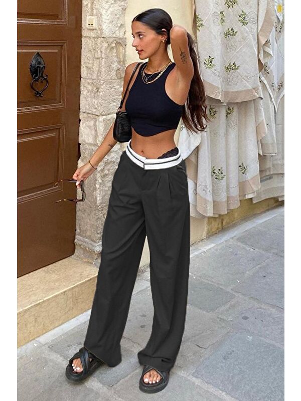 Madmext Siyah Kemer Detaylı Bol Paça Pantolon Mg1834