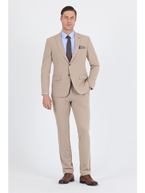 İMZA Koyu Bej Kırlangıç Yaka Kelebek Astar 6 Drop Slim Fit Beli Lastikli Takım Elbise 1001250176