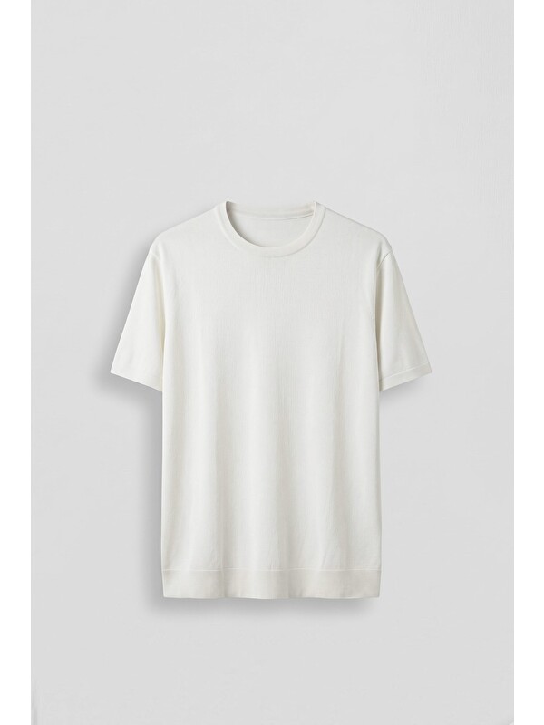 Abluka Online Erkek Slim Fit Triko Bisiklet Yaka Basic T-Shirt Ekru