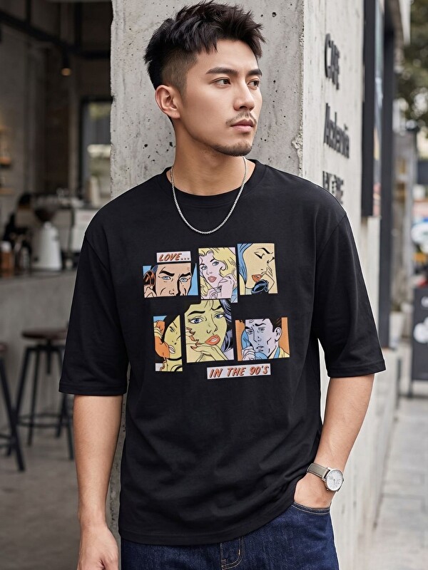 Trendseninle Erkek Siyah In The 90's Baskı Organik Pamuk Comfort Tişört