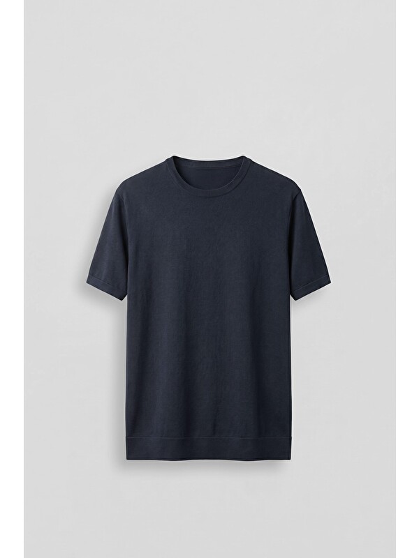 Abluka Online Erkek Slim Fit Triko Bisiklet Yaka Basic T-Shirt Lacivert