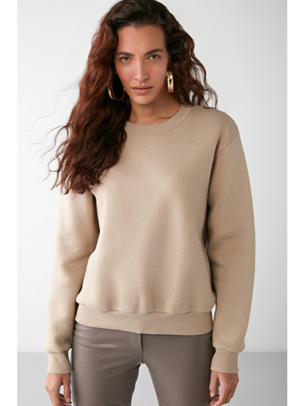 GRIMELANGE VANELTINA Kadın Organik Pamuklu Yumuşacık İçi Polarlı Yuvarlak yakalı VİZON Sweatshirt