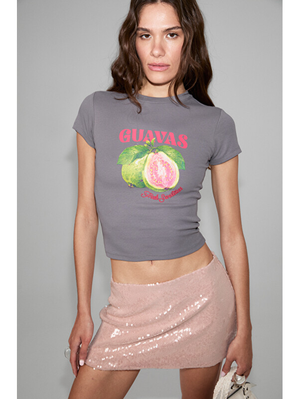 GRIMELANGE GUAYAVA Kadın Yumuşak Ve Esnek Kumaşlı Baskı Detaylı Vucuda Oturan GRİ T-Shirt