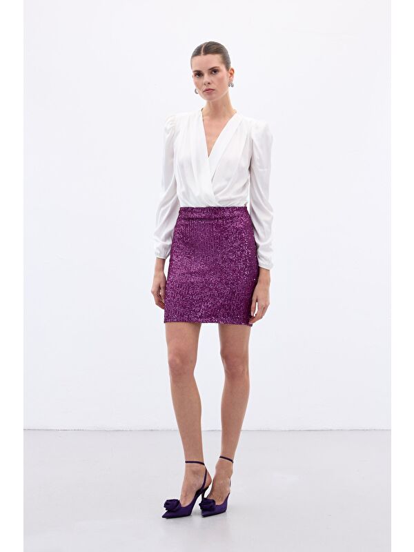 SATEEN Payetli Mini Etek - Mürdüm