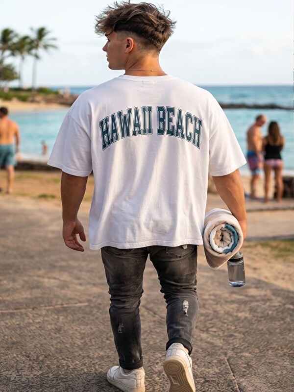 Trendseninle Erkek Beyaz Hawaii Beach Baskı Organik Pamuk Comfort Tişört