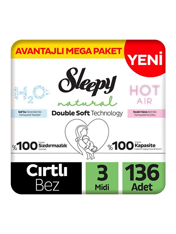 Sleepy Natural Double Soft Avantajlı Mega Paket Bebek Bezi 3 Numara Midi 136 Adet