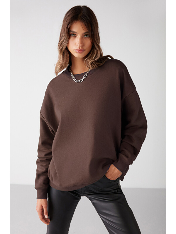 GRIMELANGE VANELTINA Kadın Organik Pamuklu Yumuşacık İçi Polarlı Yuvarlak yakalı KAHVERENGİ Sweatshirt