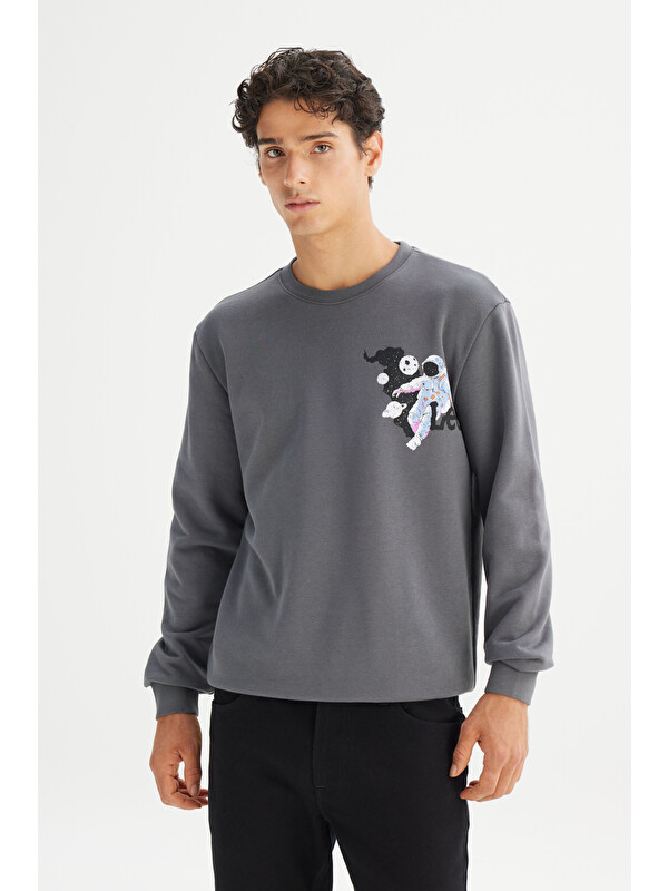 Lee Regular Fit Bisiklet Yaka Baskılı Antrasit Sweatshirt