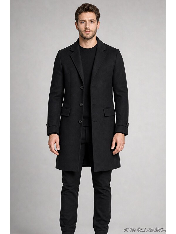 Freemen Erkek Slim Fit Klasik Yaka 3 Düğmeli Uzun Kaşe Kaban